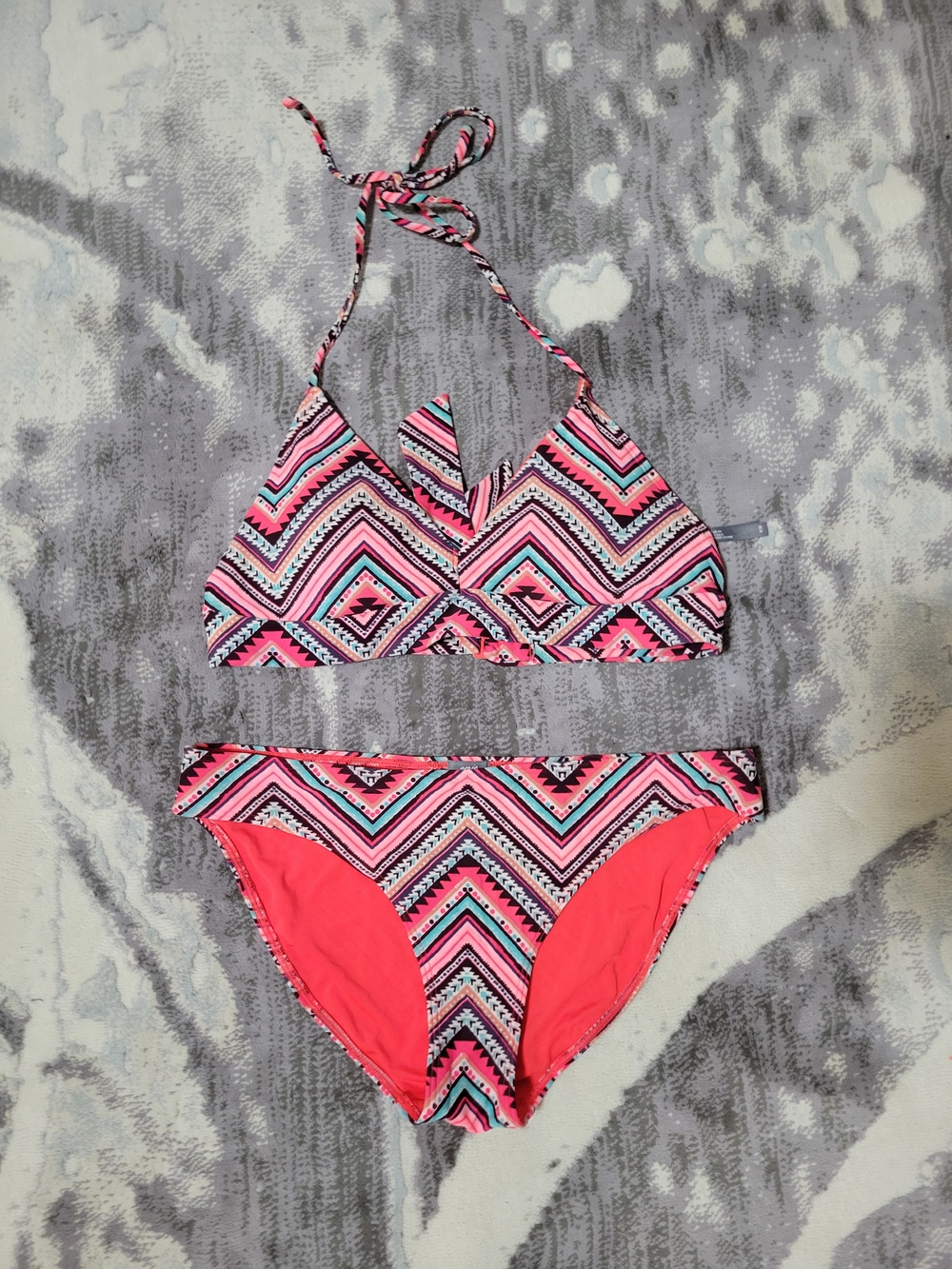aerie Coral Pink & Teal Geometric Bikini Set Size M